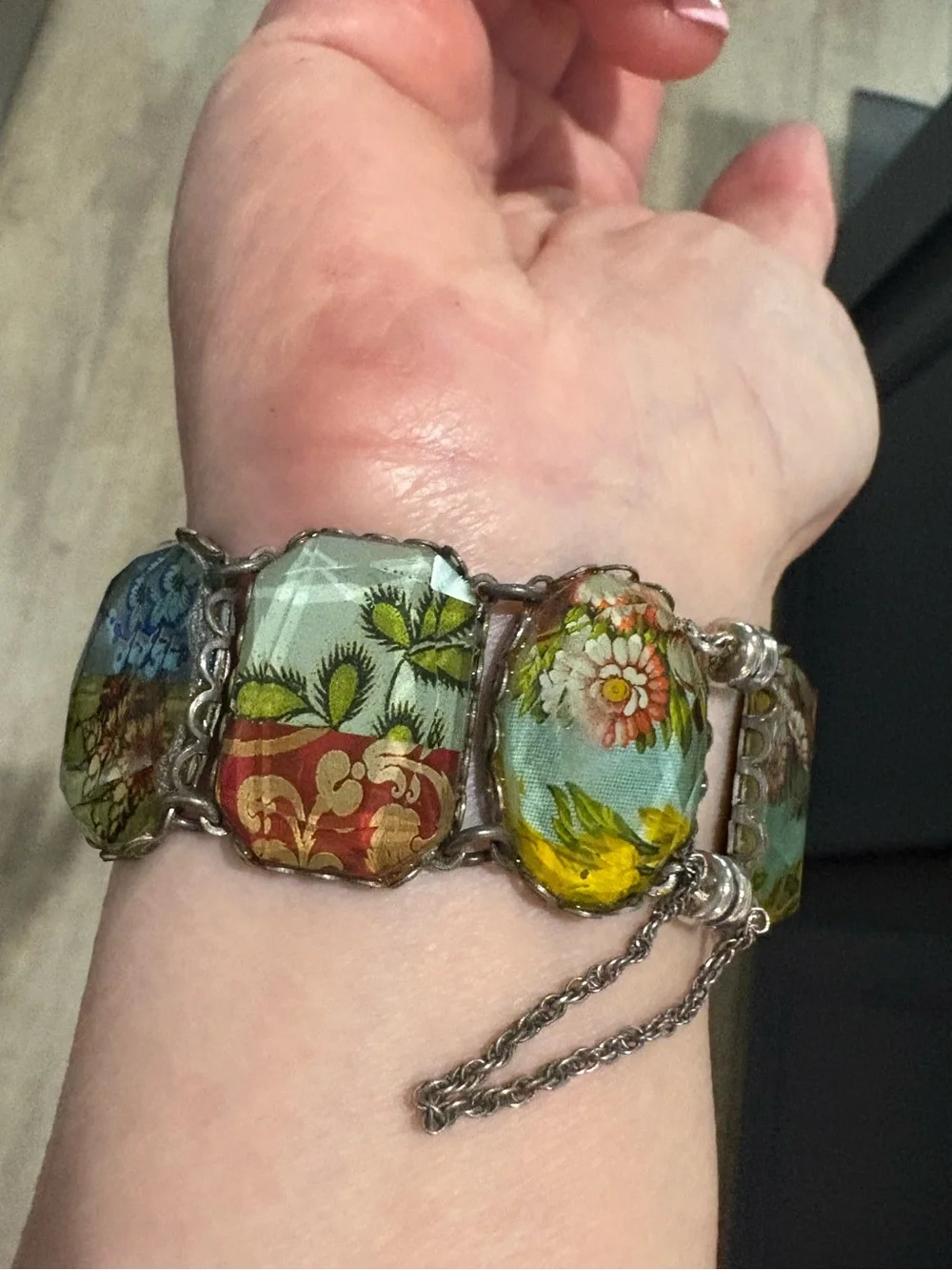 Vintage Ayala Bar Retired Fabric Under Glass Panel Bracelet Magnetic Clasp